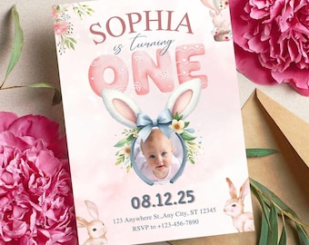Bunny Birthday Invitation with Baby Picture, Pink Bunny 1st Birthday Invite for Girl Party, Bunny Ears Design, Editable Animated Template