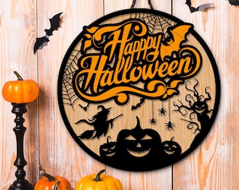 Happy Halloween door hanger svg Fall decor Halloween sign glowforge cricut front door laser cut files pumpkin witch spider digital download