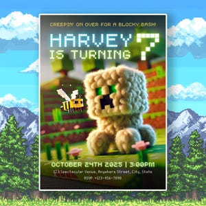 Minecrafter Invitation Template Birthday Party Invitation, Editable Printable Digital Invitation, Canva Template, Online Game Theme