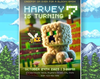 Minecrafter Invitation Template Birthday Party Invitation, Editable Printable Digital Invitation, Canva Template, Online Game Theme