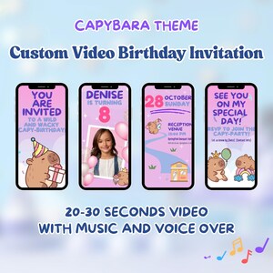 Capybara birthday invitation in a fun and adorable kawaii capybara theme. Custom video invite lets you add your picture for a unique celebration. Perfect for a Capybara party invite, kid’s birthday, or digital party announcement. Instantly editable for a stylish event.