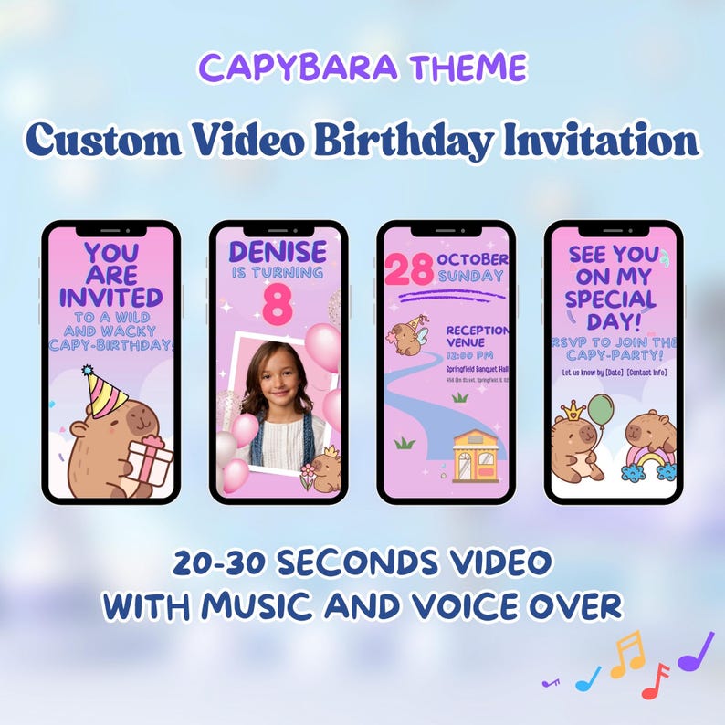 Capybara birthday invitation in a fun and adorable kawaii capybara theme. Custom video invite lets you add your picture for a unique celebration. Perfect for a Capybara party invite, kid’s birthday, or digital party announcement. Instantly editable for a stylish event.