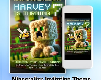 Editable Minecrafter themed birthday invitation, Minecrafter Video Game, Minecrafter party invitation, Gamer invite, Boy party invite, Canva