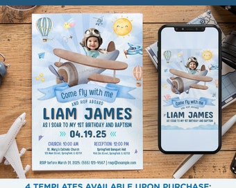 Editable Aviator Pilot Birthday Baptismal Invitation with Baby Picture Jet Pilot Boy Military Airplane Template Digital Animated Invitation