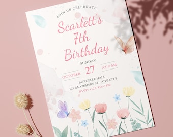 Editable Butterfly Wildflower Birthday Invitation Template, Pink Butterfly Kisses Invite, Girl Birthday, Wildflower Watercolor Invite