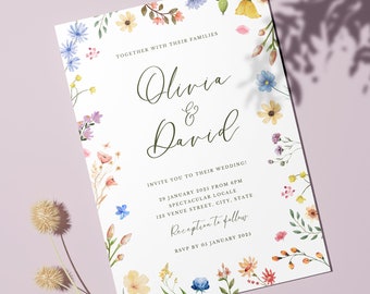 Modèle de faire-part de mariage fleurs sauvages, faire-part de mariage imprimable, faire-part verdure, faire-part blanc et vert, couronne de fleurs, RSVP