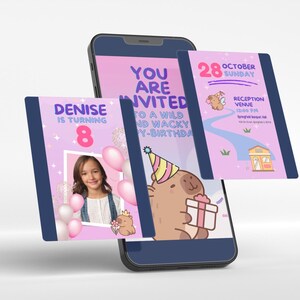 Kawaii Capybara birthday invitation in a custom video format. Add your photo for a fun Capy birthday celebration. Digital Capybara party invite, perfect for kids' birthdays and unique events. Instantly edit and send via text, email, or social media for a stylish invite.