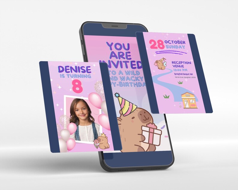 Kawaii Capybara birthday invitation in a custom video format. Add your photo for a fun Capy birthday celebration. Digital Capybara party invite, perfect for kids' birthdays and unique events. Instantly edit and send via text, email, or social media for a stylish invite.