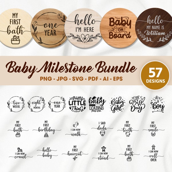 57 Baby Monthly Milestone svg Bundle , Baby Monthly Milestone Rounds SVG ,Glowforge Cricut & Silhouette, Hello World Svg, baby stats svg