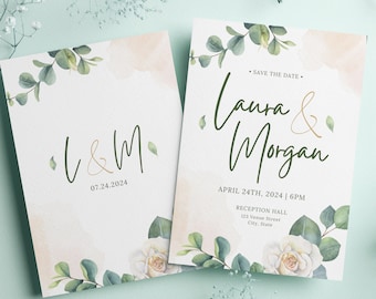 Green and White Floral Wedding Invitation Template, Printable Wedding Invitation, Wedding Invitation, Floral Wreath, Canva Template