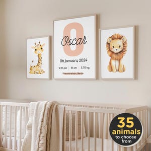 Personalized Set of 3 Adorable Animal Nursery Wall Art Prints, Custom Name Baby Room Decor, Lion, Elephant, Giraffe, Cute Child Printables