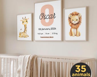 Personalized Set of 3 Adorable Animal Nursery Wall Art Prints, Custom Name Baby Room Decor, Lion, Elephant, Giraffe, Cute Child Printables