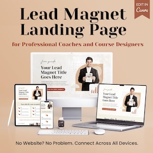 Pode incluir: Uma maquete de uma página de destino de ímã de leads para treinadores profissionais e designers de cursos. A página é exibida em um computador desktop, laptop, tablet e smartphone. A página apresenta um guia gratuito com o texto "Your Lead Magnet Title Goes Here".