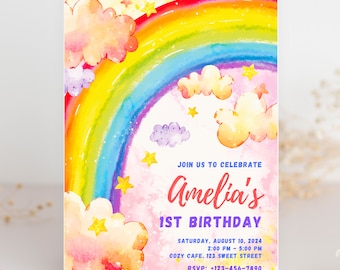 Editable Rainbow Birthday Baby Shower Baptismal Invitation Girls Rainbow Party Invite Clouds Watercolor Gold Glitter Sprinkles Colorful