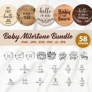 Paquete de 58 hitos mensuales del bebé SVG, rondas de hitos mensuales del bebé SVG, Glowforge Cricut y Silhouette, Hola mundo SVG, estadísticas del bebé SVG