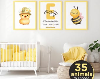 Custom Set of 3 Cute Animal Nursery Prints, Personalized Baby Room Decor, Lion, Elephant, Giraffe, Dinosaur, Bunny, Panda, Unicorn, Lamb