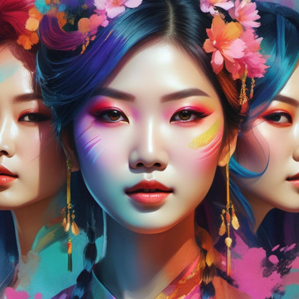 asian women with colorful hair and makeup Digital art is easy to print