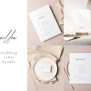 Bundle de table de mariage | Suite WILLOW | Papeterie minimaliste moderne simple Modèle imprimable Télécharger 2022 Menu numérique Place Carte Boissons