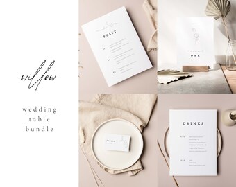 Wedding Table Bundle | WILLOW Suite | Simple Modern Minimalist Stationery Printable Template Download 2022 Digital Menu Place Card Drinks