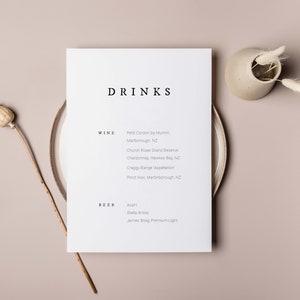 WILLOW Bar Menu / Bevande Semplice Moderno Minimalista Classico Cancelleria Modello stampabile Download istantaneo Digitale PDF Tavolo