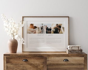 May include: A framed wedding photo collage featuring three images of a couple. The names "Rachel + Isaac" are written in cursive. The frame is a warm brown, and the photos are set against a white background.