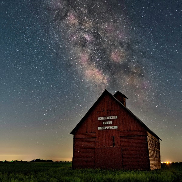 Midway Farm with Milky Way, 100 year old Corn Crib, Night Stars, Central Illinois, Stacked Photo, Night Photography, Astro Photography
