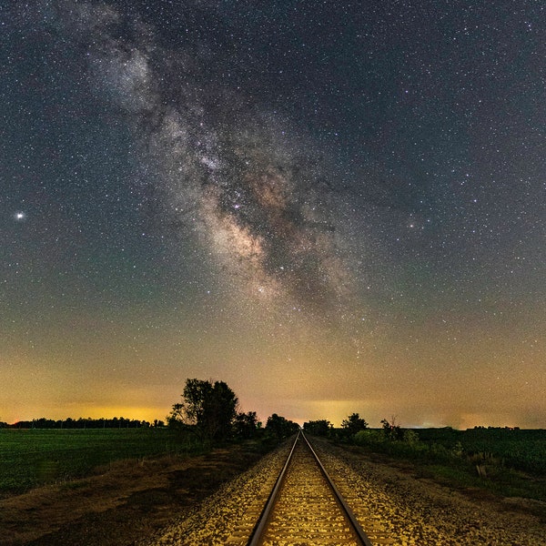 Milky Way over Railroad Tracks, Milky Way, Vanishing Tracks, Rural Wall Art, Night Skies, Stars, Astro Photography, Railway Art, Railroad