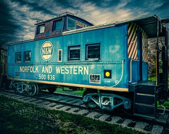 Norfolk & Western Blue Caboose, Train Art, Railroad Wall Decor, Railroad Photo, Train Photography, Boys Room Decor, Train Wall Art