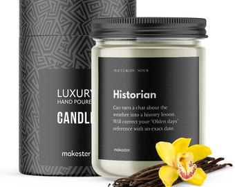 Historian Candle - 220g Soy Wax with Madagascan Vanilla, Jasmine & Sugared Almond - Christmas History Gift - Hobby Candles By Makester