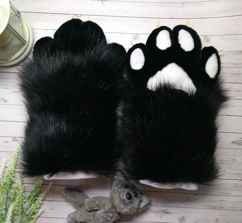 Black fur paws with whate pads. costume paws for costume | Etsy