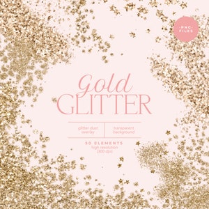 Könnte beinhalten: 50 hochauflösende Goldglitter-Überlagerungen mit transparentem Hintergrund. Der Glitter ist in einem zufälligen Muster auf einem rosa Hintergrund verstreut. Der Text "Gold Glitter" ist in pinken Buchstaben in der Mitte des Bildes geschrieben. Der Text "glitter dust overlay" und "transparent background" ist in weißen Kästchen unter dem Text "Gold Glitter" geschrieben. Der Text "50 ELEMENTS high resolution (300 dpi)" ist in weiß unter den Kästchen geschrieben. Der Text "-PNG- FILES" ist in weiß in der oberen rechten Ecke des Bildes geschrieben.