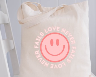 Love Never Fails Gussted Tote, Valentine's Day Tote, Cute Smiley Canvas Tote, Smiley Face Tote, Cute Christian Tote, Cute Bag, Tote