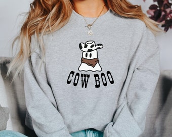 CowBOO Halloween Crewneck, Western Spooky Season, Cute Fall Ghost Sweatshirt, Ghost Cowboy, Autumn Sweatshirt, Oversized Tee, Cow Print