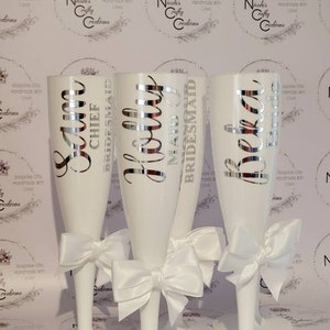 Personalised white champagne flutes, hen party gifts, bridesmaid gift, bridal gift,  prosecco flutes, wedding favour, biodegradable flutes