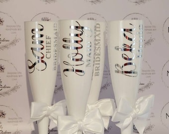 Personalized White Champagne Flutes, Hen Party Bridal Gift, Biodegradable