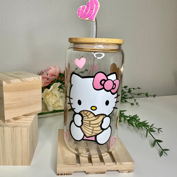 Cute kitty Conchitas  Pink Cup libbey glass can  |  16oz. Glass Can | Libbey vinyl |  | kitty Conchitas Cup and  and kitty conchitas  straw