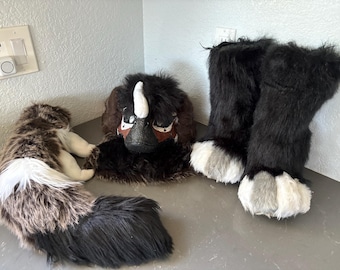 Furred Dino/ raptor mask suit (mask, tail, and feet paws included)