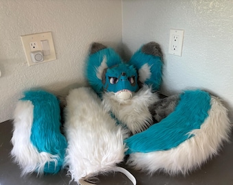 Blue partial suit (furred T-Rex mask, 2 tails, and arm sleeves included)