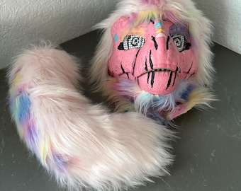 Complete pink/rainbow T-Rex mask (Furred mask and tail included)