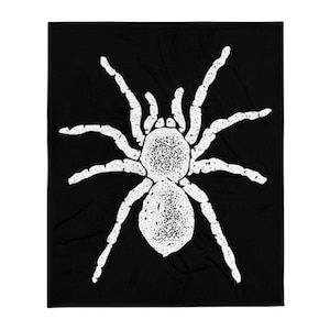 May include: A white silhouette of a spider on a black background. The spider has eight legs and a round body with a textured pattern.
