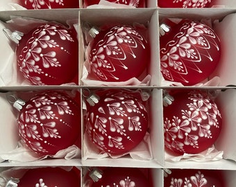 1x ball or SET of 6x hand-painted Christmas balls red transparent with white wax painting made of glass 6 CM (2.4 inch)