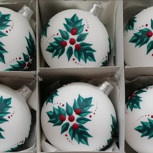 1x ball or SET 6x hand-painted matt white Christmas balls with thistle branch with red-green painting made of glass 6 CM (2.4 inch) PATTERN #105