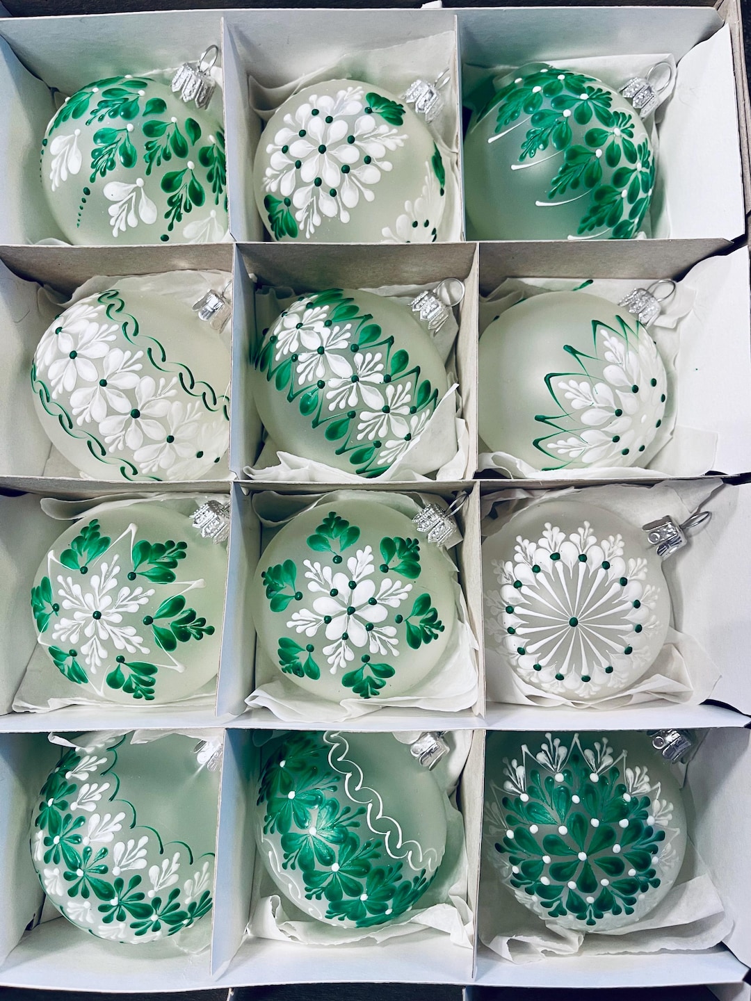 SET of 12 Handpainted Christmas Baubles, Milky White With Green and — free download