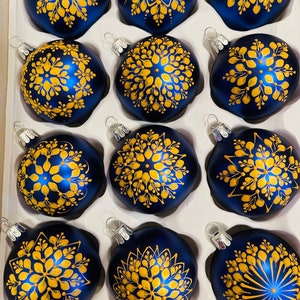 1x ball or SET 6x hand-painted dark blue Christmas ball with golden wax painting made of glass 6 CM (2.4 inch)