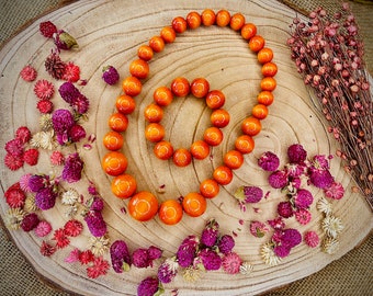 SET - orange wooden necklace and bracelet, necklace, orange pearl necklace, orange jewelry, wooden beads