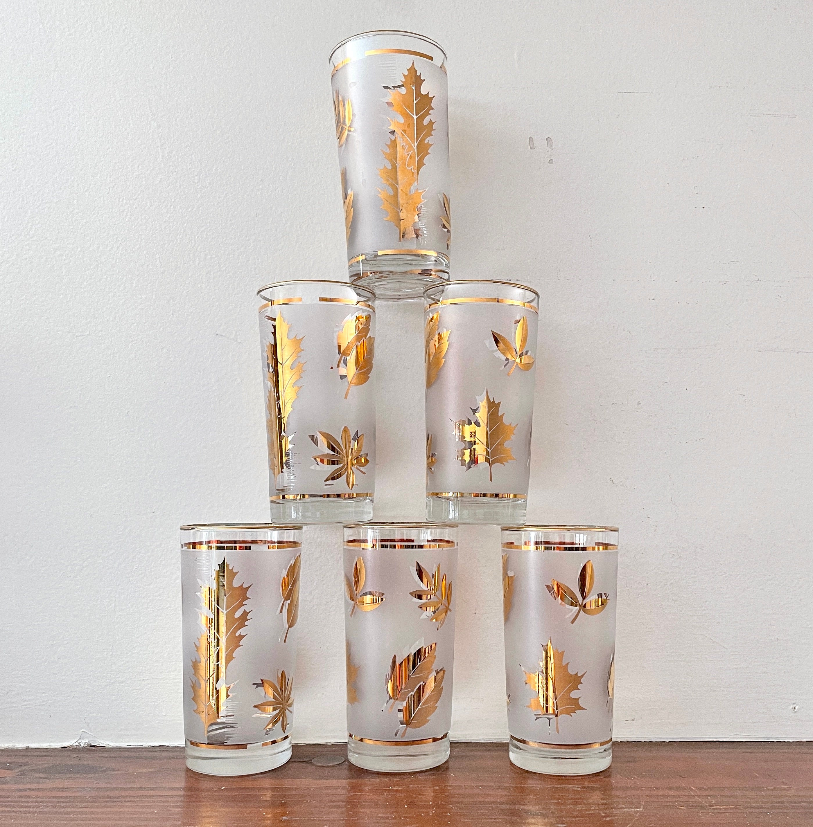 Set of 6 MCM Cocktail / Wine Glasses with Gold Squiggles and Frosted - Ruby  Lane