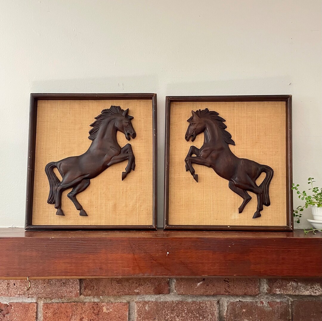 Pair of Vintage Wooden Horse Plaques Set in Vintage Frame With Etsy