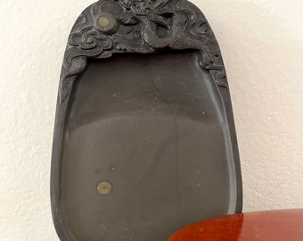 Vintage Duan Ink Stone with Dragon Carving and Wood Case