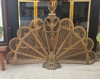 large vintage brass peacock fan fireplace screen, rustic brass fireplace screen, decorative fireplace screen, large vintage brass decor