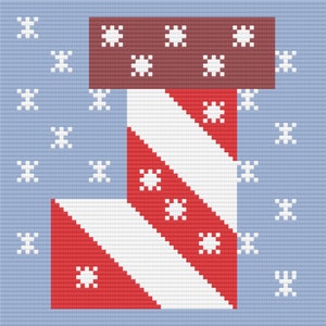 May include: A red and white striped stocking with a brown cuff, surrounded by white snowflakes on a light blue background.